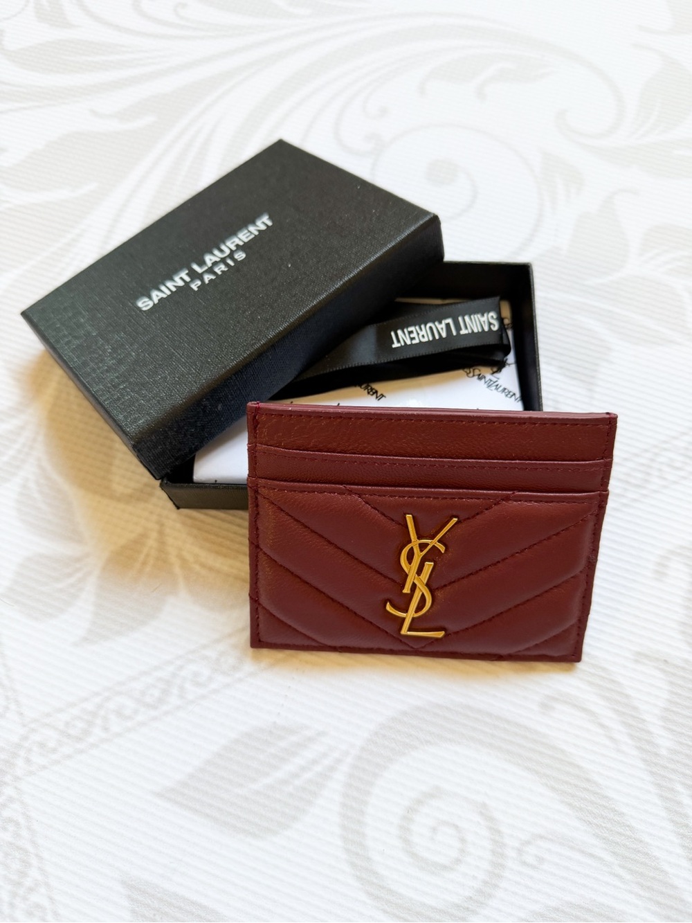 Saint Laurent Cassandre Card Case in Rouge Cabernet or burgundy Gold YSL Logo